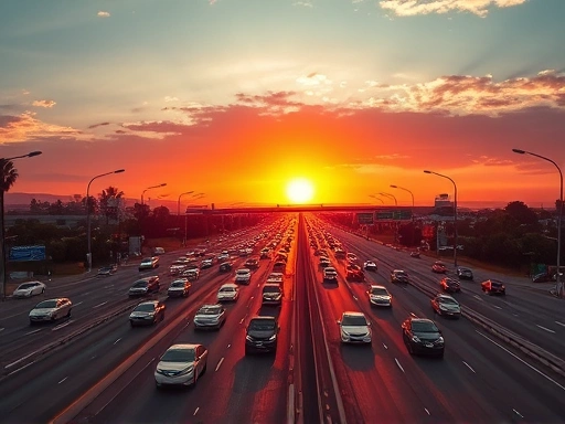 해질녘 LA 고속도로의 역동적인 풍경.