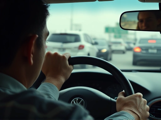 운전자가 땀을 흘리며 운전대에 두 손을 꽉 쥐고 있는 클로즈업.