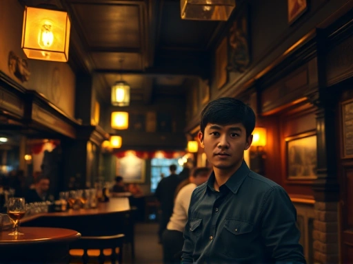 런던의 오래된 펍 내부, 어두운 목재 벽과 낮은 조명이 아늑한 분위기