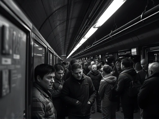 어둑하고 복잡한 파리 지하철 플랫폼, 낡은 스크린과 혼잡한 인파 속에서 길을 잃고 초조해하는 여행자의 모습