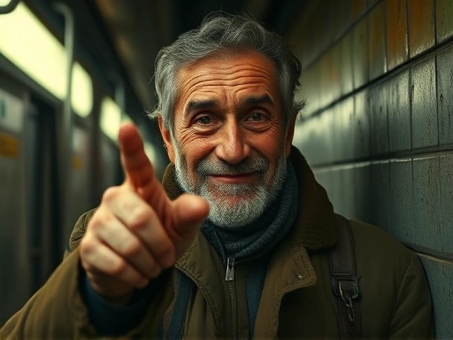 어두운 지하철 역사의 한 구석, 닳아 해진 코트를 입은 노숙자의 얼굴이 클로즈업되어 있다.