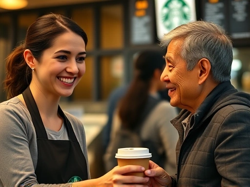 시애틀 스타벅스 주문대에서 친절한 바리스타가 외국인 여행자에게 주문 방법을 안내하며 미소 짓는 순간을 클로즈업.