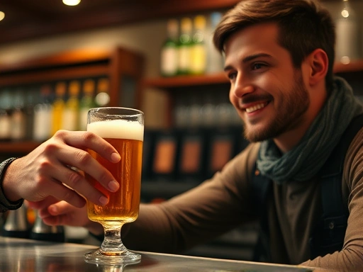 바텐더와 눈을 마주치고 성공적으로 맥주를 주문하는 여행자의 클로즈업.