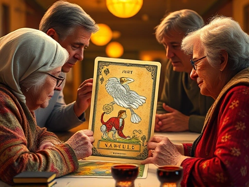 복잡한 가족 갈등 속에서 타로 카드가 펼쳐져 빛을 내며 노부모 부양 문제의 해결 실마리를 찾는 장면