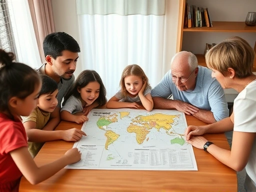 A diverse family, including children and an elderly person, gathered around a table, actively discussing a disaster preparedness map and emergency contact list, showing unity and proactive planning fo...