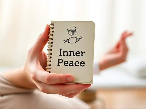 한 손에 들린 작은 노트에 '내면의 평화' 또는 '스트레스 해소'라는 글귀와 함께 별자리 상징(예: 물고기자리 아이콘)이 그려져 있고, 다른 손으로는 편안한 자세로 명상하는 모습