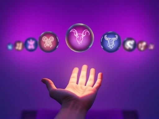 은은한 보랏빛과 파란색으로 물든 공간에서, 각각의 별자리 상징(양, 황소 등)이 섬세하게 묘사된 수정 구슬들이 공중에 떠 있고, 그 아래에는 평화롭게 명상하는 사람의 손이 클로즈업되어 빛나는 에너지를 받는 모습