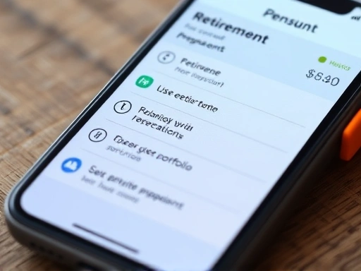 개인 연금 계좌와 투자 포트폴리오를 관리하는 스마트폰 화면을 클로즈업하여, 노후 준비와 자산 증식의 구체적인 행동을 묘사, 연금 활용 전략이 키워드로 포함된 이미지