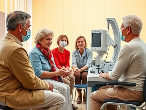 다양한 연령대의 사람들이 건강 검진을 받고 상담하는 모습