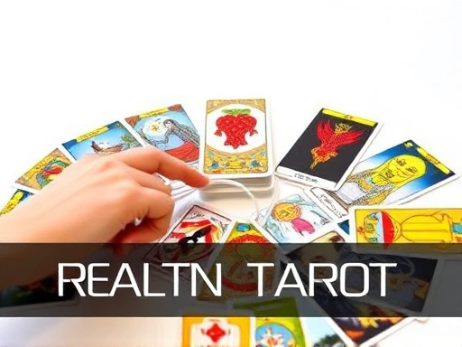 다채로운 타로 카드들이 테이블 위에 펼쳐져 있고, 한 손이 카드를 가리키며 건강 타로 리딩을 통해 몸과 마음의 신호를 읽는 순간을 포착.