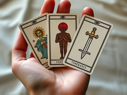 클로즈업된 타로 카드 '절제'와 '펜타클', '검' 슈트 카드가 손 위에 놓여 있고, 각 카드의 상징이 건강 타로 카드 해석 팁과 연결되어 명상적인 분위기