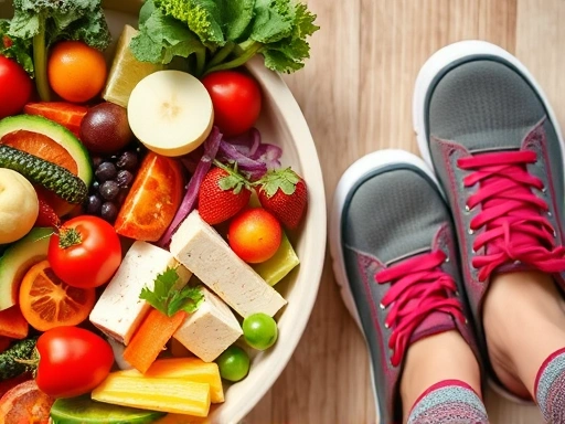 신선한 채소와 과일로 가득 찬 식단과 운동화를 신은 발이 보이는 클로즈업 샷, 균형 잡힌 식사와 꾸준한 운동이 건강한 일상에 필수적임을 강조하는 장면