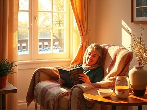 따뜻한 햇살이 창문을 통해 들어오고, 한 사람이 편안하게 의자에 앉아 책을 읽고 있는 모습