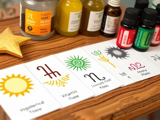 다양한 별자리 심볼이 새겨진 카드들이 테이블 위에 놓여 있고, 그 옆에는 비타민 D 보충제와 밝은 색상의 아로마 오일 병이 클로즈업되어 있습니다.