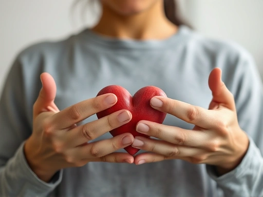 두 손으로 심장을 감싸고 있는 인물의 클로즈업 샷으로, 감정 일기를 작성하거나 차분히 명상하는 듯한 평온한 표정을 강조하여 내면의 평화와 스트레스 관리에 초점을 맞춘 구체적인 묘사.