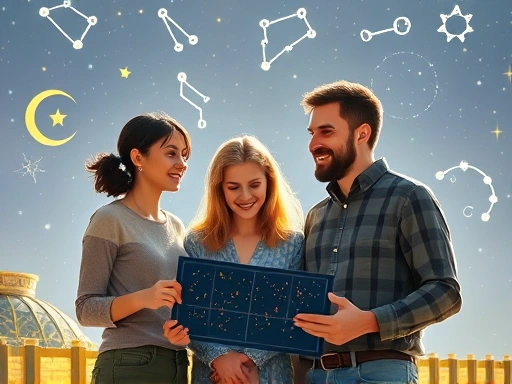 다양한 국적의 커플이 별자리표를 보며 즐겁게 대화하는 모습