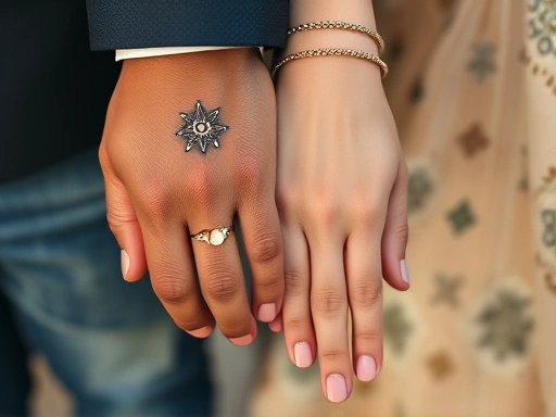 두 손이 서로를 잡고 있는 클로즈업 샷, 손목에 별자리 문신이 보이거나 점성술 관련 액세서리가 살짝 비치며, 다른 문화권의 배경에서 온 것을 암시하는 섬세한 디테일.