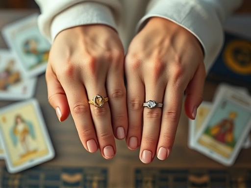결혼을 앞둔 연인의 손이 클로즈업되어 있고, 그 위로 조화로운 결혼반지가 빛나는 모습
