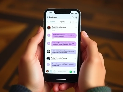 두 손이 스마트폰 화면을 클로즈업하여 보여주며, 메시지를 주고받는 온라인 데이팅 인터페이스가 명확하게 보이는 모습