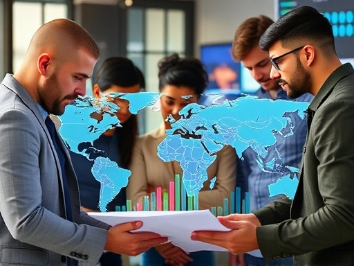A diverse group of people from different backgrounds collaborating on a global financial strategy, looking at world maps and digital charts, symbolizing international investment and wealth management,...