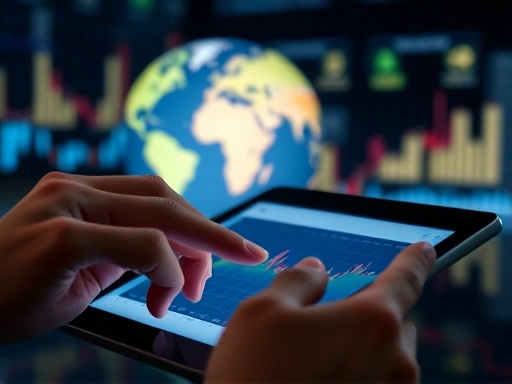 Close-up shot of hands analyzing a financial chart on a tablet, with a blurred background showing multiple currency symbols and a globe.