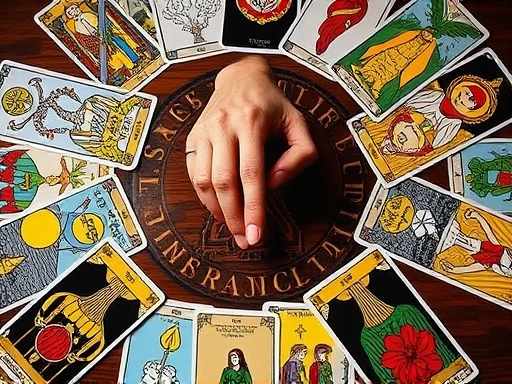 다양한 타로 카드들이 테이블 위에 펼쳐져 있고, 중앙에는 손가락으로 가리키는 손이 있는 장면