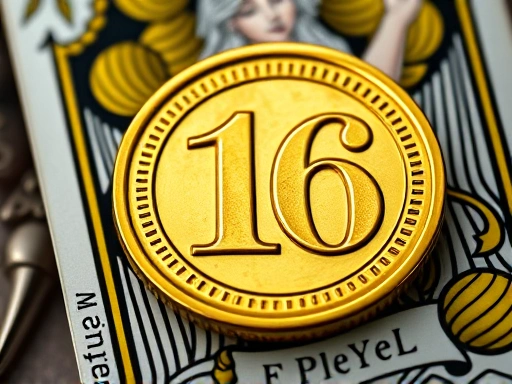 황금빛 동전과 타로 카드인 '펜타클 10'이 클로즈업된 이미지