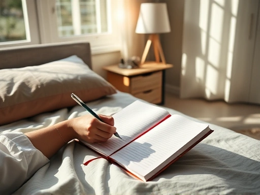 아침 햇살이 비치는 고요한 방에서 한 사람이 침대 옆 노트에 전날 밤 꿈 내용을 진지하게 기록하고 있는 모습
