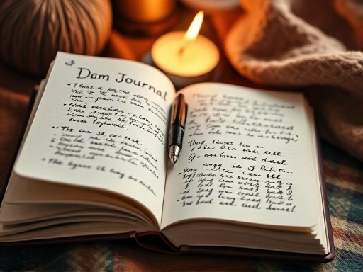 개방된 책 위에 펼쳐진 꿈 일지 노트에 손글씨로 가득 채워진 내용과 그려진 간단한 상징들, 펜이 놓여있고, 배경은 아늑하고 포근한 느낌의 클로즈업 샷