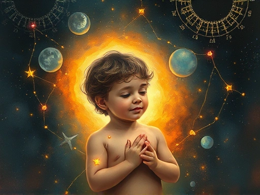 어린 시절의 상처를 안고 있는 내면 아이가 고대의 별자리 지도와 만나 치유와 성장을 시작하는 모습
