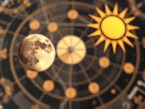 출생 차트의 복잡한 행성 기호와 선들이 흐릿하게 보이는 배경 위에, 달, 금성, 태양의 상징이 클로즈업되어 부드럽게 빛나는 모습