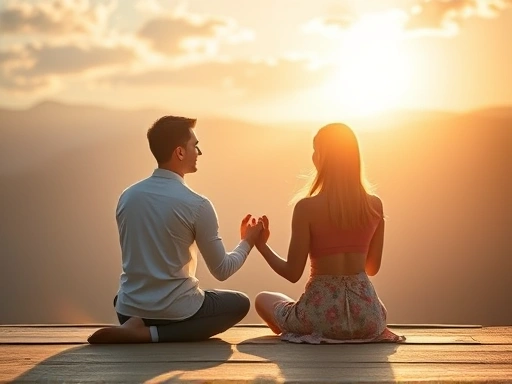 아름다운 빛이 감도는 공간에서 손을 맞잡고 앉아 서로를 바라보는 두 영혼의 파트너십, 라이트워커 커플이 조화롭게 명상하는 모습