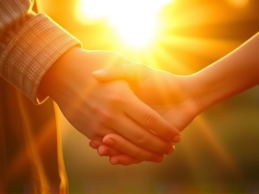 따뜻한 빛이 뿜어져 나오는 두 손이 서로를 포개어 잡고 있는 클로즈업 이미지