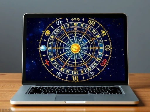 다채로운 별자리와 행성 기호가 정교하게 그려진 개인 출생 차트가 노트북 화면에 펼쳐져 있는 모습