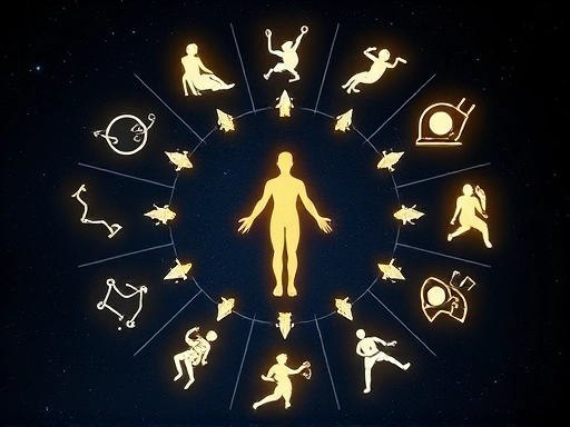 다양한 별자리 아이콘들이 원형으로 배치되어 있고, 각 별자리 옆에 해당 별자리가 상징하는 신체 부위가 은은하게 빛나는 모습