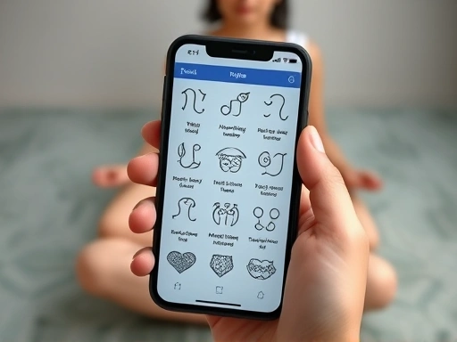 한 손에 들린 스마트폰 화면에 12개의 별자리 아이콘이 각각 다른 건강 관련 팁과 함께 표시되는 클로즈업 샷, 뒤로는 차분한 명상 공간이 흐릿하게 배경으로 나타나 건강 관리의 실용적인 적용을 보여줍니다.