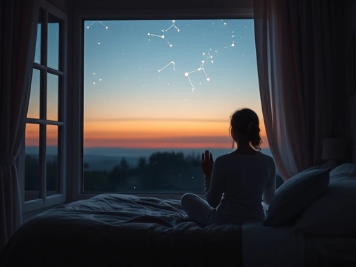 A serene bedroom scene at dusk, a person gently meditating or praying by a window, soft glowing stars in the background, promoting peaceful sleep and spiritual connection and 별자리 기도문 for 잠자리 명상 and 영성...