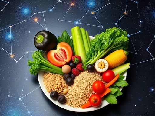 신선한 채소, 과일, 통곡물 등 건강한 식재료들이 아름답게 배열된 모습