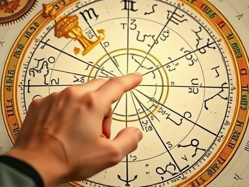 고대 천문학 차트와 현대적인 점성술 기호들이 조화롭게 어우러진 클로즈업 이미지