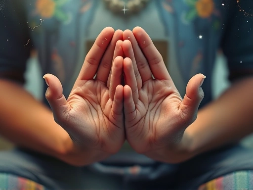 명상하는 사람의 클로즈업된 손이 합장 자세를 하고 있고, 손바닥 위에 작은 행성 혹은 별자리 패턴이 섬세하게 그려진 모습