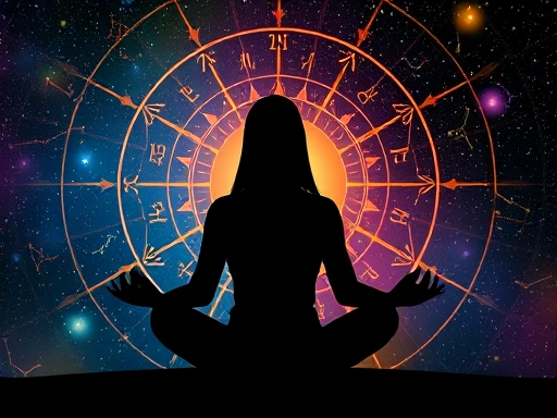 다채로운 별자리 심볼들이 아름답게 디자인된 배경에, 명상하는 사람의 실루엣이 조화롭게 어우러져 번아웃 예방과 힐링의 분위기
