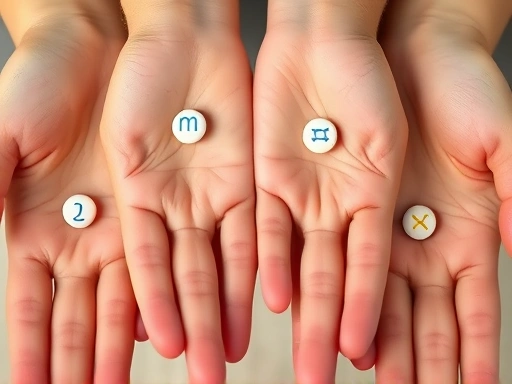 각기 다른 별자리 심볼들로 이루어진 작은 원들이 여러 개의 손바닥 위에 조심스럽게 놓여 있습니다.