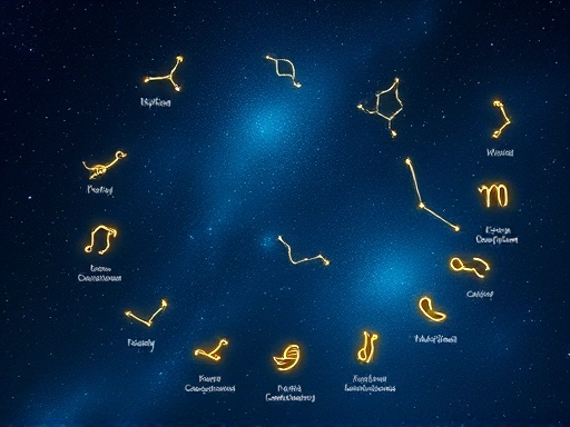 밤하늘의 황도 12궁 별자리들이 우아하게 펼쳐져 있고, 각 별자리 옆에 작은 빛나는 아이콘들이 해당 별자리의 우주적 사명과 지구 기여 방법을 상징적으로 보여주는 신비로운 분위기