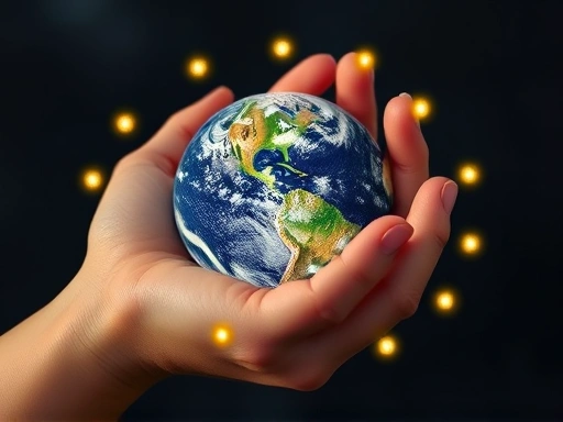 지구 위에 손이 따뜻하게 감싸져 있고, 그 주위로 12개의 작은 빛나는 점들이 별자리별 우주적 사명을 상징하며, 각 점이 지구에 긍정적인 영향을 미치는 모습