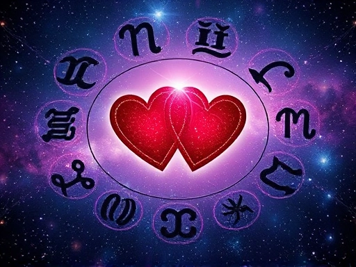 별자리 기호와 사랑의 하트가 어우러진 신비로운 우주 배경, 다양한 별자리의 상징들이 조화롭게 배치된 이미지