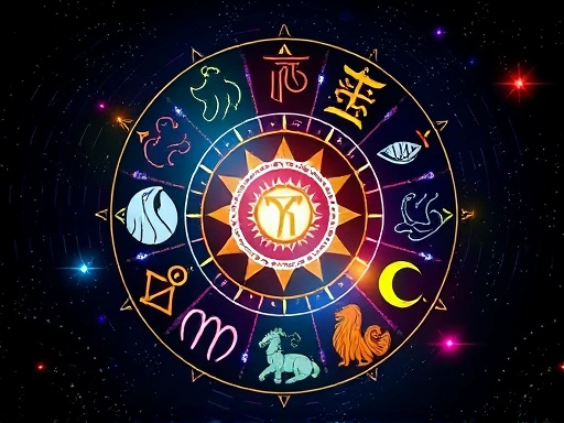 별자리 심볼과 영혼의 목적을 상징하는 다양한 아이콘들이 어우러져 있는 디자인 이미지