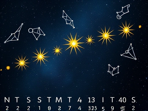 밤하늘의 별들이 반짝이는 신비로운 배경 속에서, 각기 다른 12개의 별자리 심볼이 빛을 발하며 영혼의 진화와 의식 상승을 상징적으로 표현하는 이미지