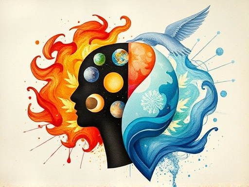 별자리를 상징하는 다양한 심볼과 완벽주의를 나타내는 추상적인 요소들이 조화롭게 어우러져 있는 이미지