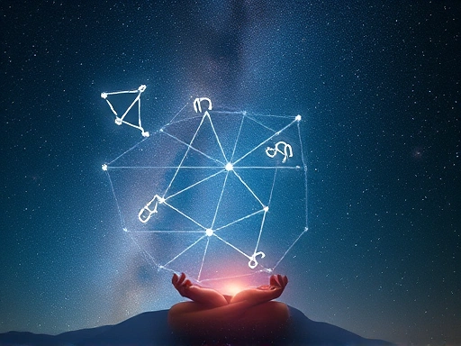 밤하늘의 별자리들이 은하수로 연결된 신비로운 우주를 배경으로, 각기 다른 별자리의 상징들이 부드러운 빛을 내며 떠다니는 모습