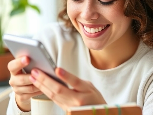 한 사람이 스마트폰으로 오늘의 운세를 확인하며 밝게 미소 짓고 있는 클로즈업 장면